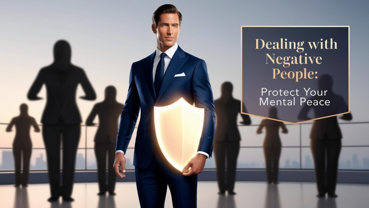 A confident, handsome man in a stylish suit stands calmly amidst shadowy, blurred figures symbolizing negativity. He holds an invisible barrier, representing his protection of mental peace. The background is sleek and modern, emphasizing clarity and strength