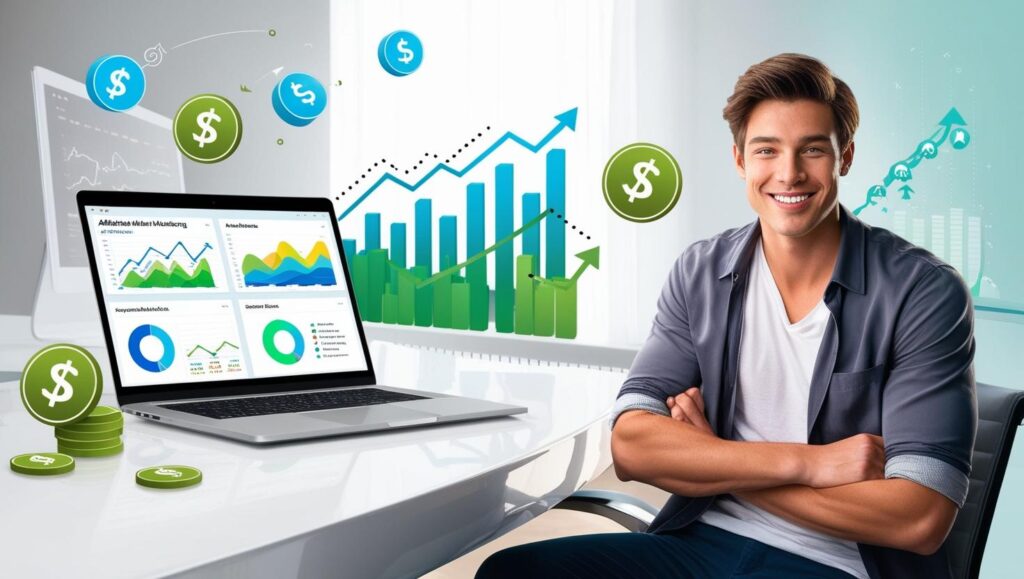 Handsome young man working on affiliate marketing at a modern desk with laptop, surrounded by digital icons of money, links, and graphs representing passive online income