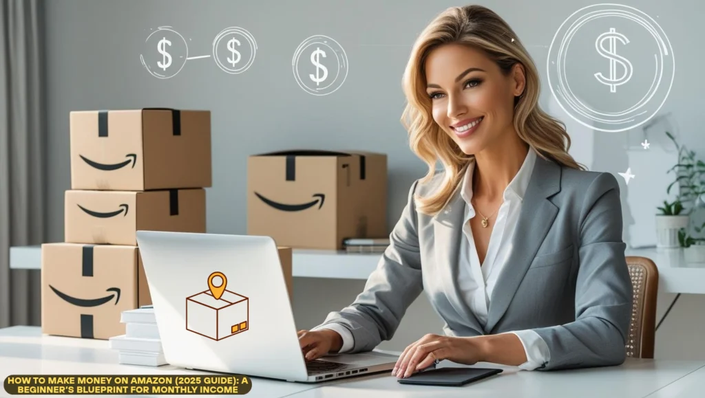A beautiful confident woman working on a laptop at home surrounded by Amazon boxes and money icons, representing earning passive income online.
