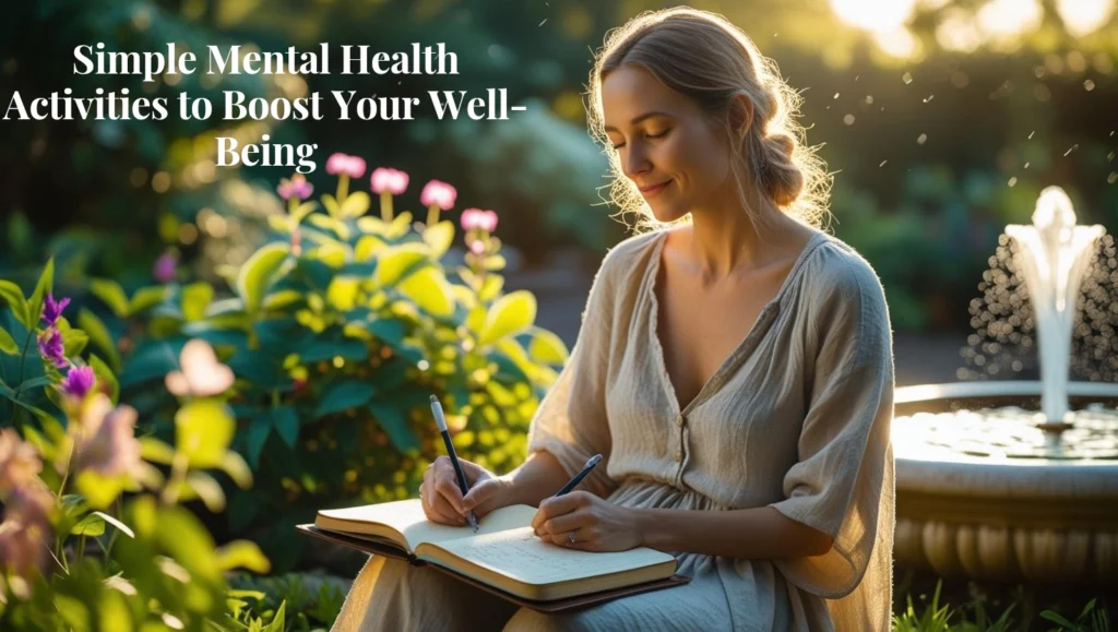 A real woman sitting outdoors in a peaceful garden, journaling in a notebook surrounded by green plants and natural light, practicing simple mental health activities
