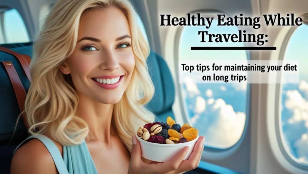 A smiling woman holding a healthy travel snack with a suitcase and airplane window in the background, representing healthy eating while traveling