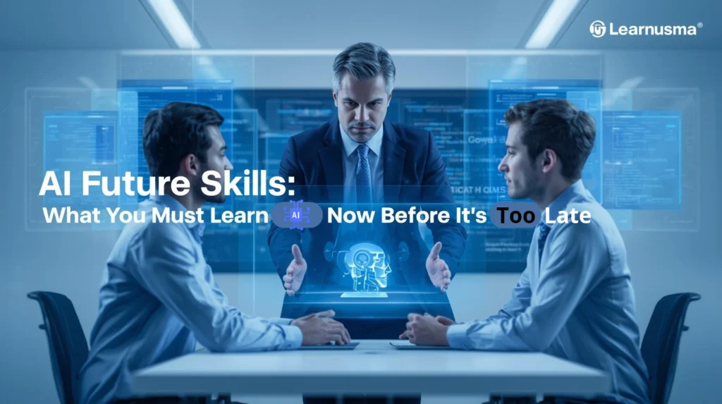 "A realistic illustration of two or three professionals learning AI with a teacher guiding them, minimalistic two-color design, holographic screens, and futuristic classroom, showing mentorship and collaboration