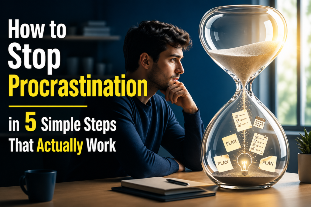 A realistic cinematic thumbnail showing a man sitting at a modern desk looking at a floating transparent hourglass symbolizing time management and overcoming procrastination, with productivity icons inside it