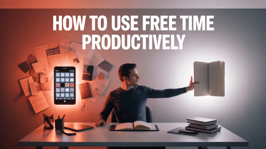 Young adult choosing between distraction and productivity at a desk with red and white contrast lighting, representing how to use free time productively