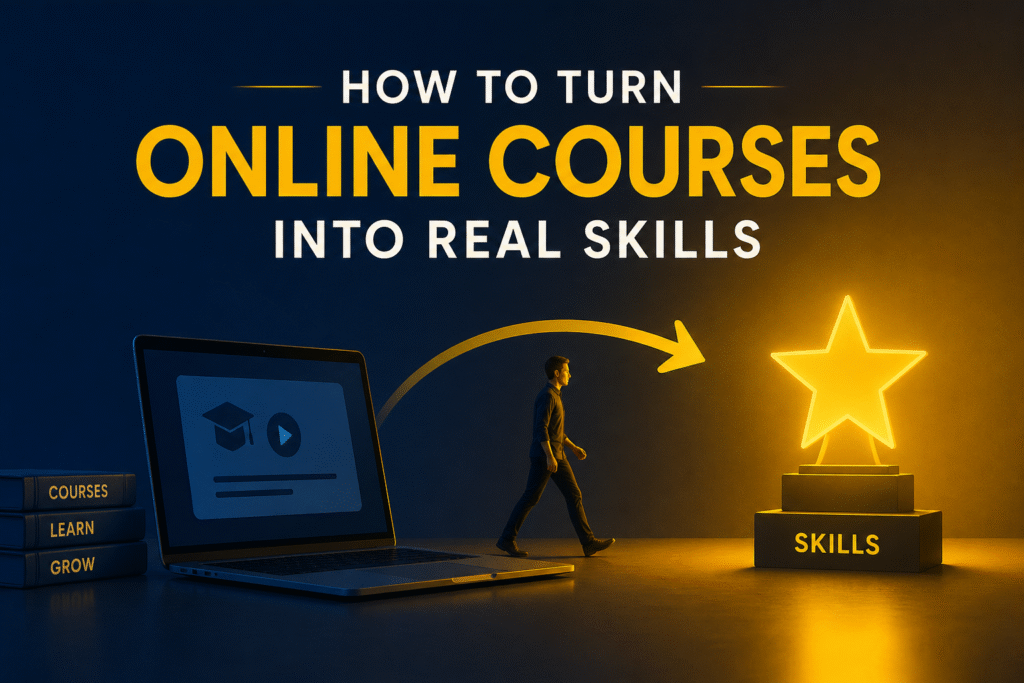 Dark blue and golden-yellow modern banner showing a laptop and books labeled learning on the left, a person walking in the center, and a glowing star trophy labeled skills on the right, connected by an arrow indicating progress