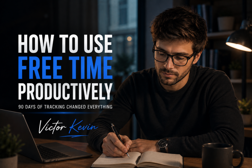 A focused writer working at a desk in a cinematic home office while planning his day, with the title "How to Use Free Time Productively" displayed in blue and white typography