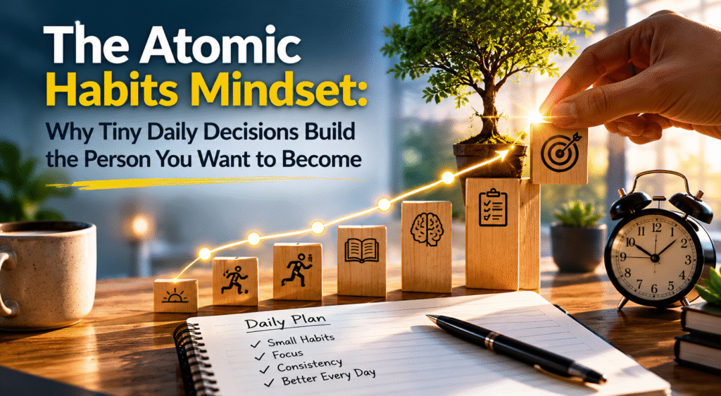 Professional featured image for “The Atomic Habits Mindset” article showing a productivity desk setup with a habit planner, growth chart blocks, notebook, coffee mug, and motivational workspace symbolizing personal transformation through small daily habits
