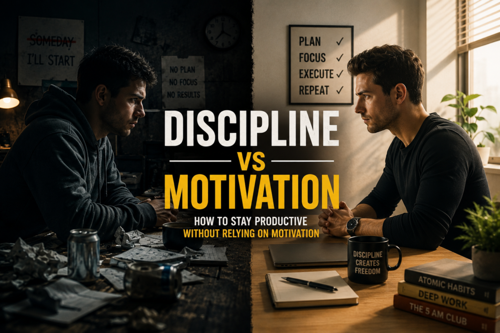 Two men sit across from each other at a desk, representing a contrast between discipline and motivation. The left side shows a messy, dark workspace with a tired man, while the right side shows a clean, bright workspace with a focused man. Large text reads “Discipline vs Motivation” with a subtitle about staying productive without relying on motivation