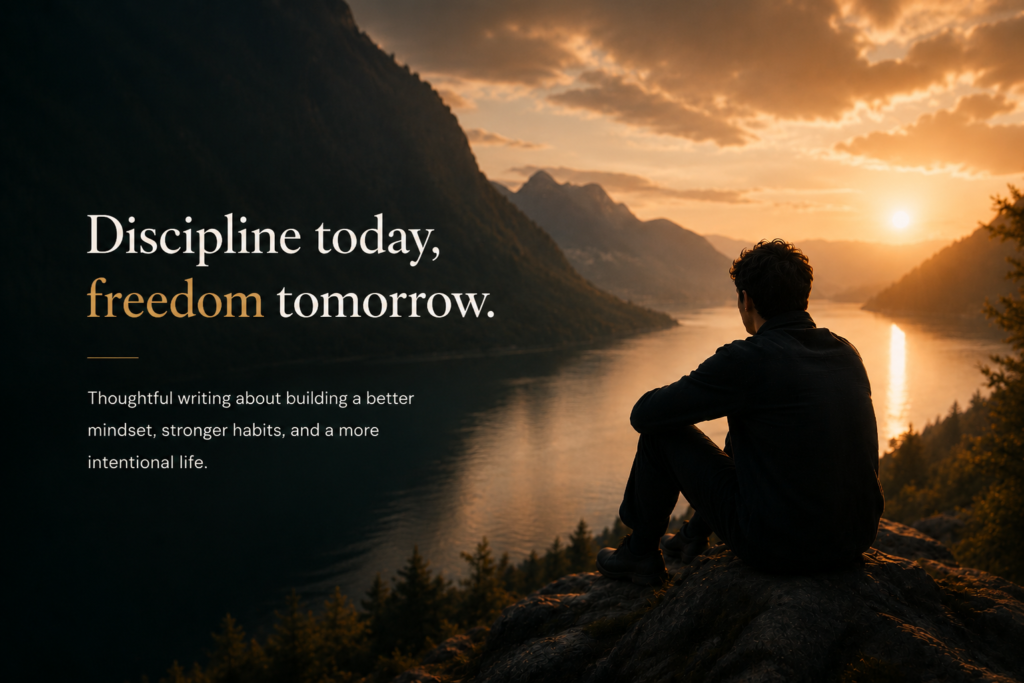 A cinematic hero section for a self-improvement blog featuring a man sitting on a cliff overlooking a calm mountain lake at dusk, with elegant typography reading “Discipline today, freedom tomorrow” on a dark minimalist background