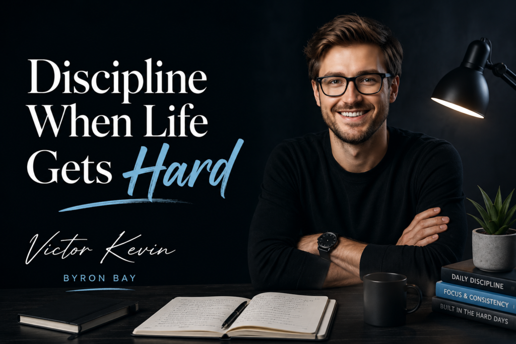 Professional cinematic portrait of a disciplined writer sitting at a minimalist desk under soft light, symbolizing consistency and resilience during difficult times