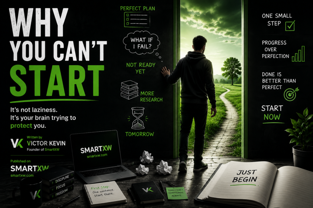 A cinematic self-improvement blog thumbnail showing a man standing between darkness and a bright green path, symbolizing the struggle to start and the journey toward progress, with motivational typography in green, black, and white.
