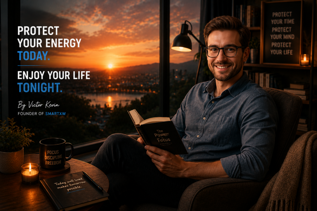 Victor Kevin sitting in a comfortable chair by a large window at sunset, reading a book in a warm, peaceful room. The image features the message “Protect Your Energy Today. Enjoy Your Life Tonight.” and represents the balance between focused work, mental energy, and evening recovery.
