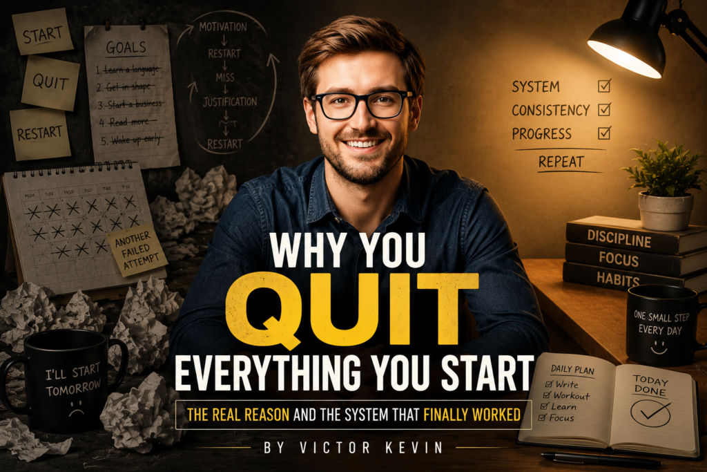 Victor Kevin standing between failure and success, illustrating why people quit everything they start and the system that builds consistency, discipline, and lasting habits.