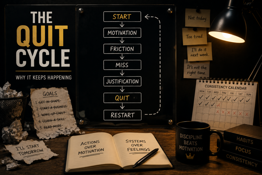 Visual representation of the quit cycle showing how motivation, friction, missed actions, and justification lead people to repeatedly quit their goals and habits.