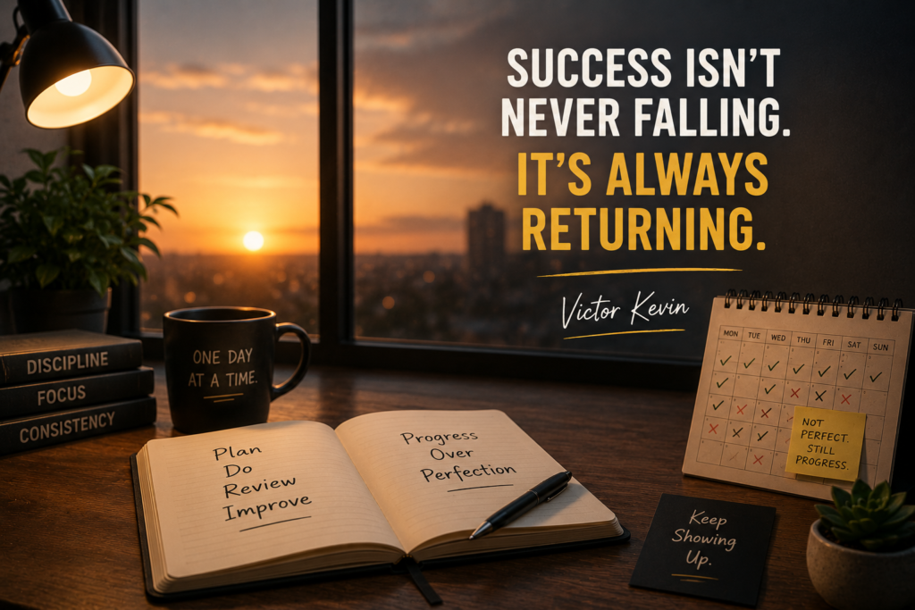 Victor Kevin reflecting on consistency and personal growth at the end of a long day, illustrating how returning after setbacks builds lasting habits and long-term discipline.