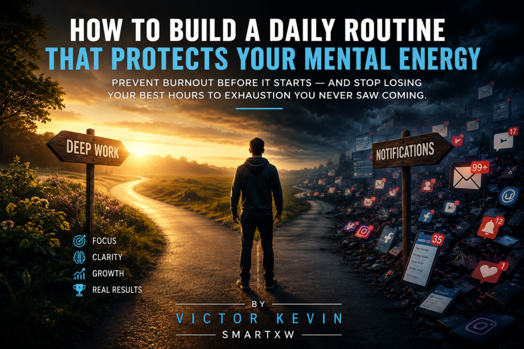 A cinematic scene showing a person standing at a crossroads between two paths: one leading toward a bright sunrise labeled "Deep Work" and the other toward a dark landscape filled with notifications and digital distractions, symbolizing the daily choice between focus and mental exhaustion