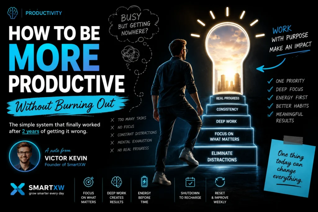 Alt Text Man walking up illuminated steps toward a glowing doorway symbolizing real productivity, deep work, focus, and meaningful progress without burnout.