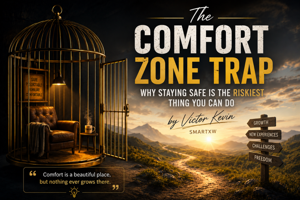 Open golden birdcage with a comfortable chair inside and a path leading toward an open landscape, symbolizing the comfort zone trap and personal growth beyond familiar routines