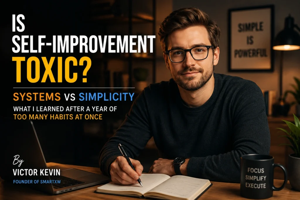 Victor Kevin reflecting on self-improvement systems versus simplicity in a cinematic workspace, illustrating productivity overload and focused execution.