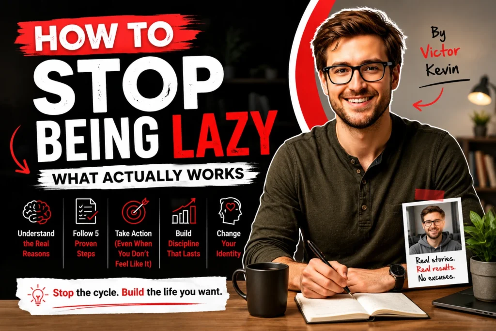 **Alt Text:** Author writing about how to stop being lazy with a bold red and white motivational design illustrating discipline and productivity. **Title:** How to Stop Being Lazy – Practical Guide to Building Discipline | SmartXW **Description:** A motivational featured image for the article "How to Stop Being Lazy," showing the author in a professional workspace with bold red and white typography that emphasizes discipline, productivity, and taking action over excuses. **Caption:** How to Stop Being Lazy: Build discipline, take action, and replace excuses with consistent daily habits.