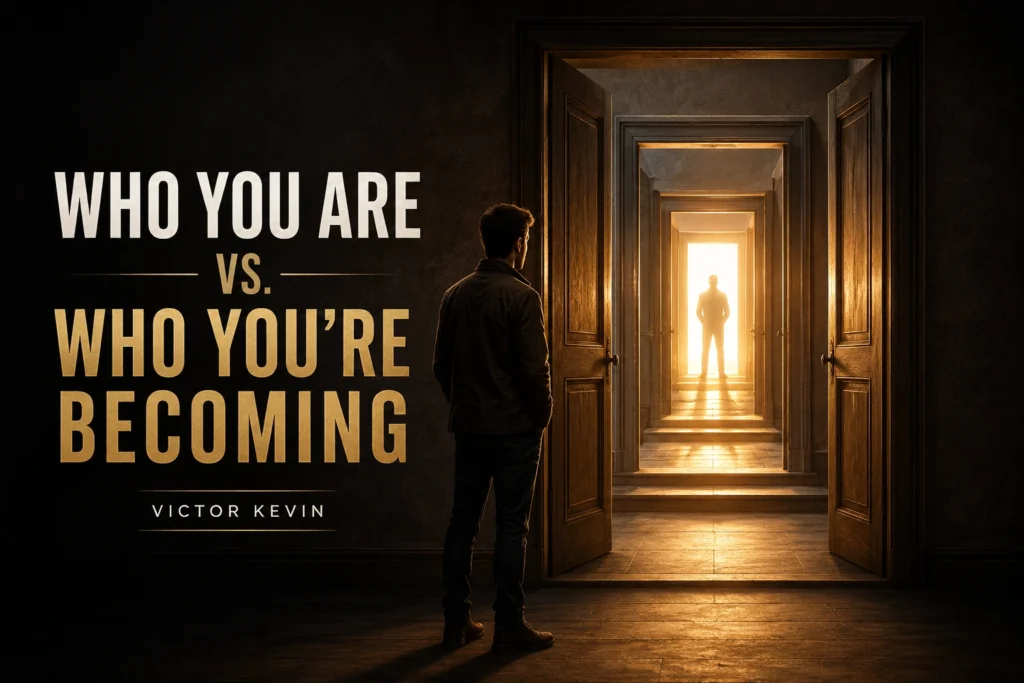 Cinematic illustration showing the identity gap between who you are today and who you're becoming through a series of illuminated doors leading toward personal growth.