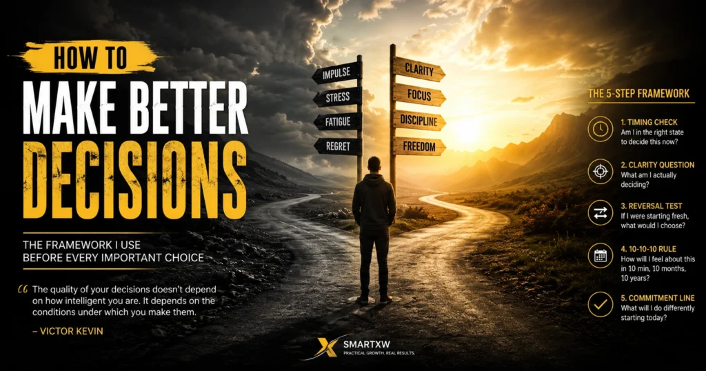 A cinematic hero image showing a person standing at a crossroads between confusion and clarity, representing decision making, with a bold title "How to Make Better Decisions" and a structured framework for better thinking.