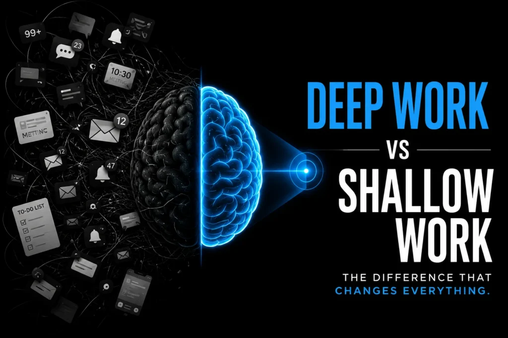Deep Work vs Shallow Work concept illustration showing focused thinking versus digital distractions
